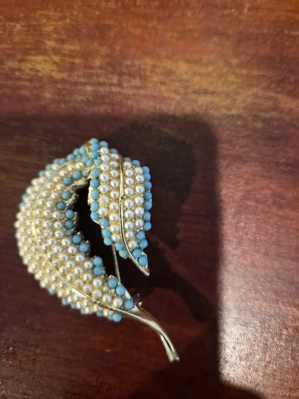 Vintage B.S.K. Faux Pearl & Turquoise Glass Leaf Brooch Pin | Mid-Century